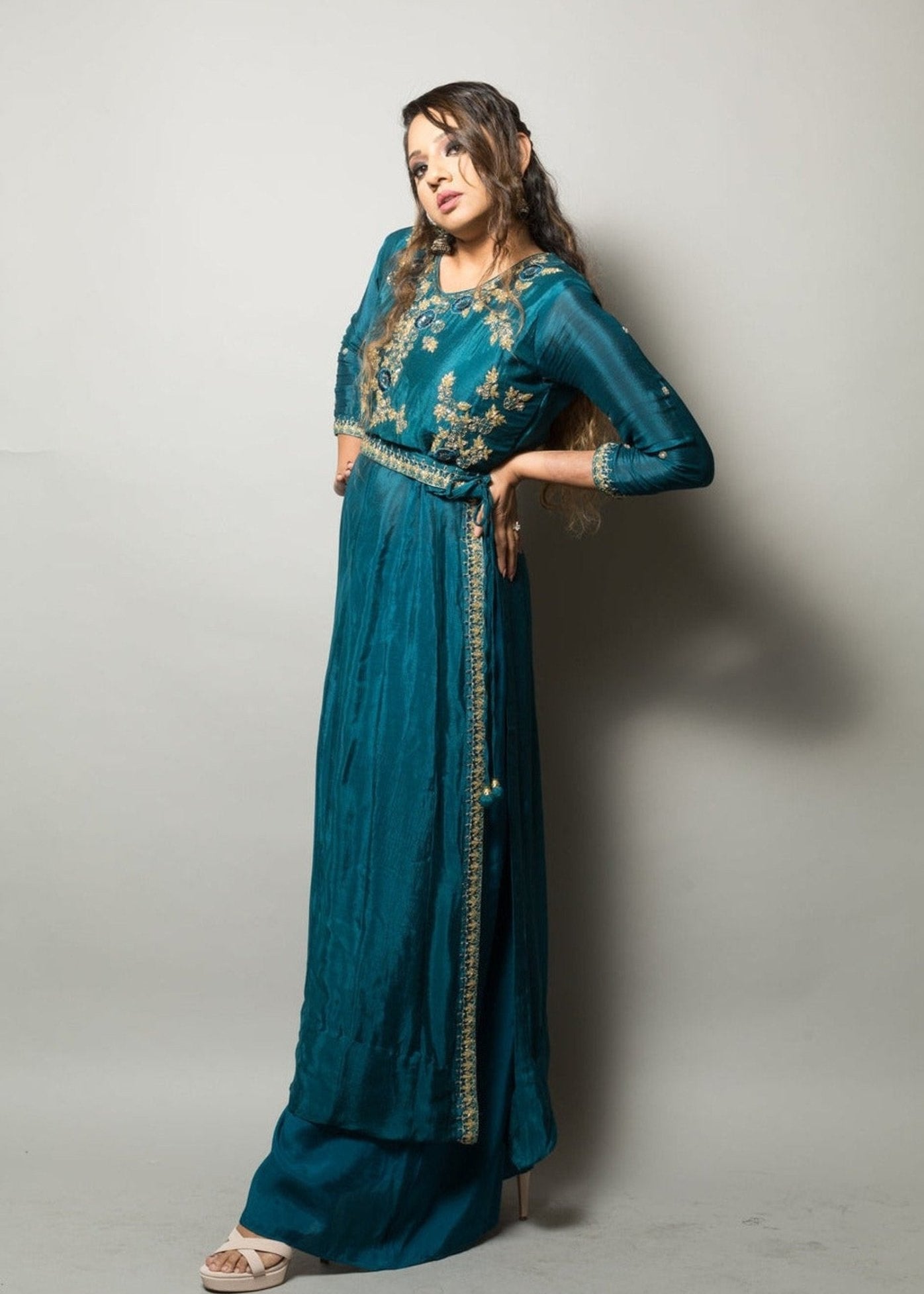 Teal Blue Long Kurti with Embroidery Work and Palazzo Pants - Anvi Couture