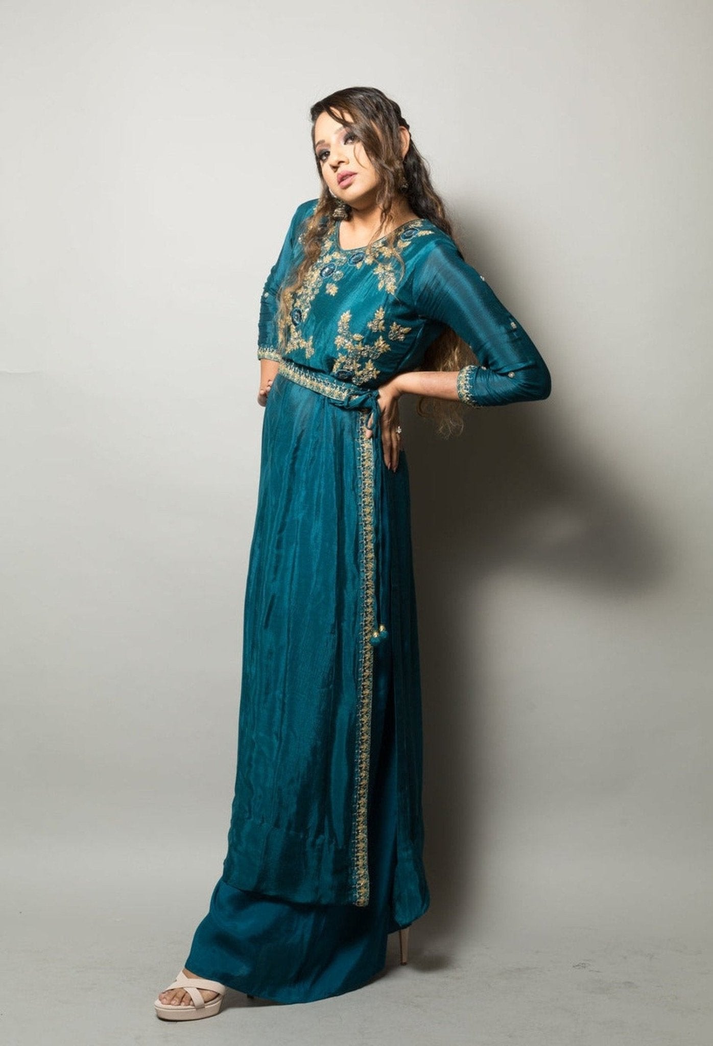 Teal Blue Long Kurti with Embroidery Work and Palazzo Pants - Anvi Couture