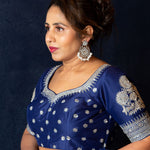 Royal Blue Embroidered Designer Blouse with Silver Detailing for Party Wear