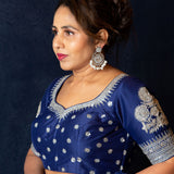 Royal Blue Embroidered Designer Blouse with Silver Detailing for Party Wear