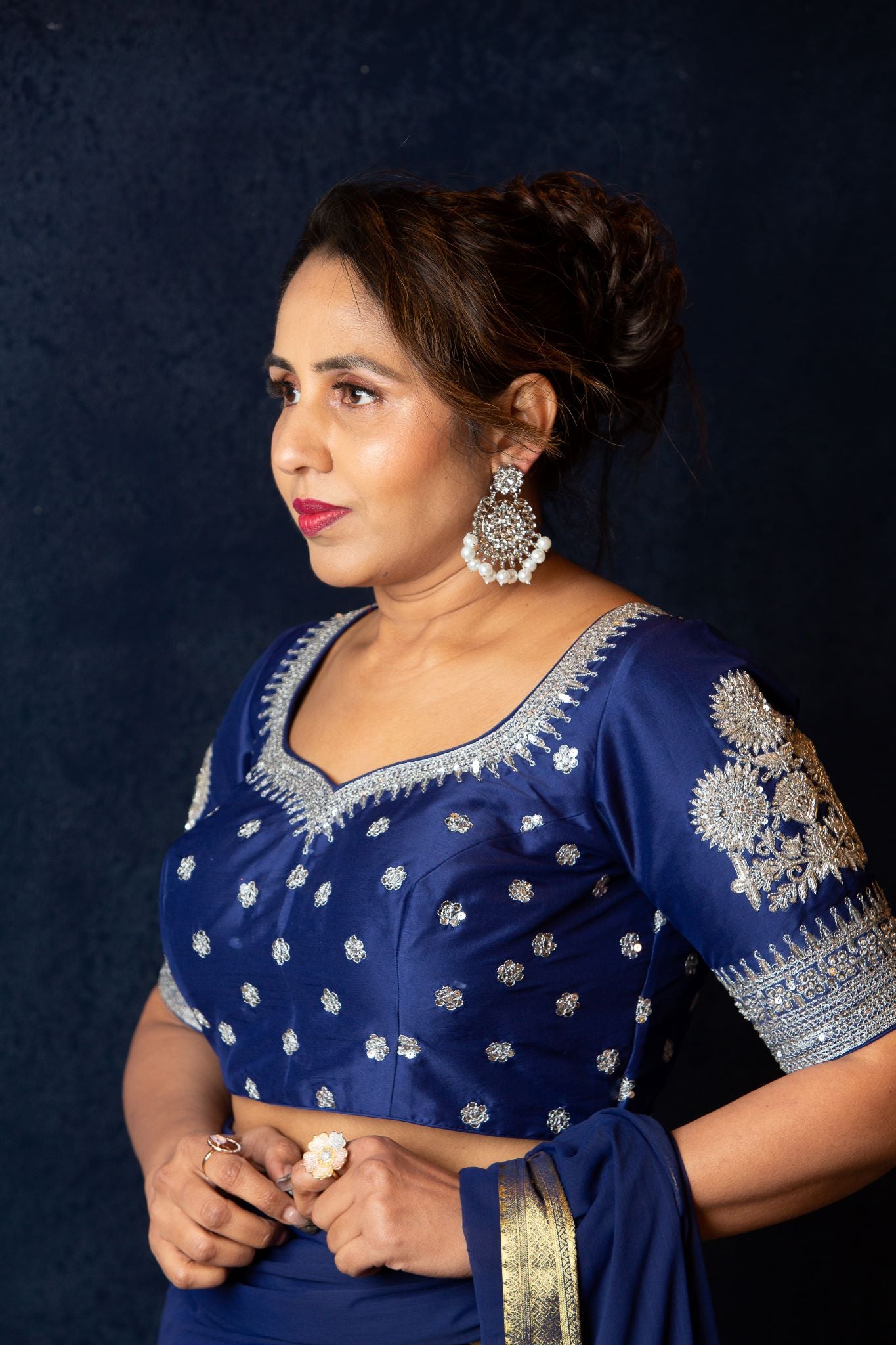 Royal Blue Embroidered Designer Blouse with Silver Detailing for Party Wear