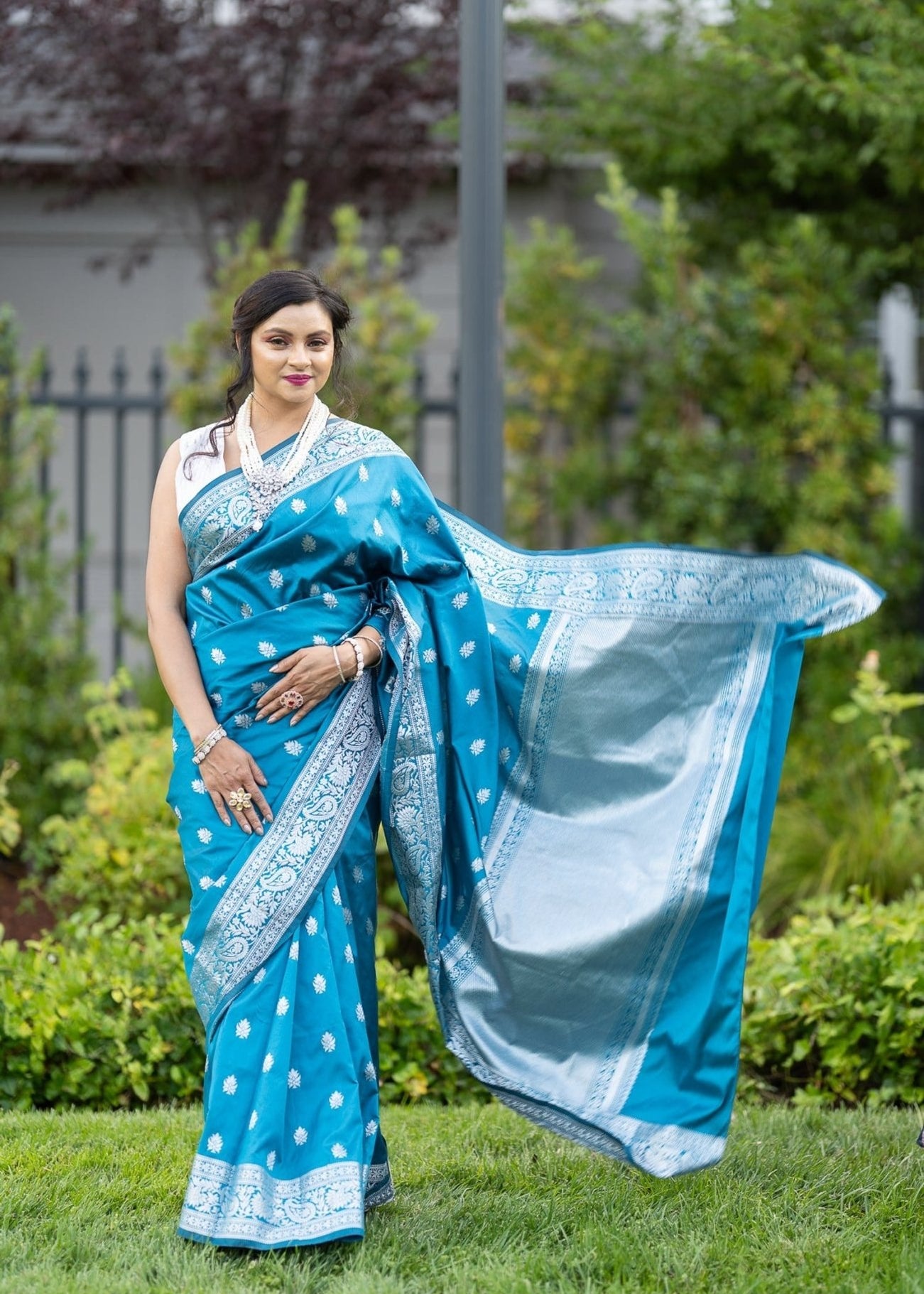 Blue Silk Banarasi Saree with Silver Floral Motifs and Matching Unstitched Blouse - Anvi Couture