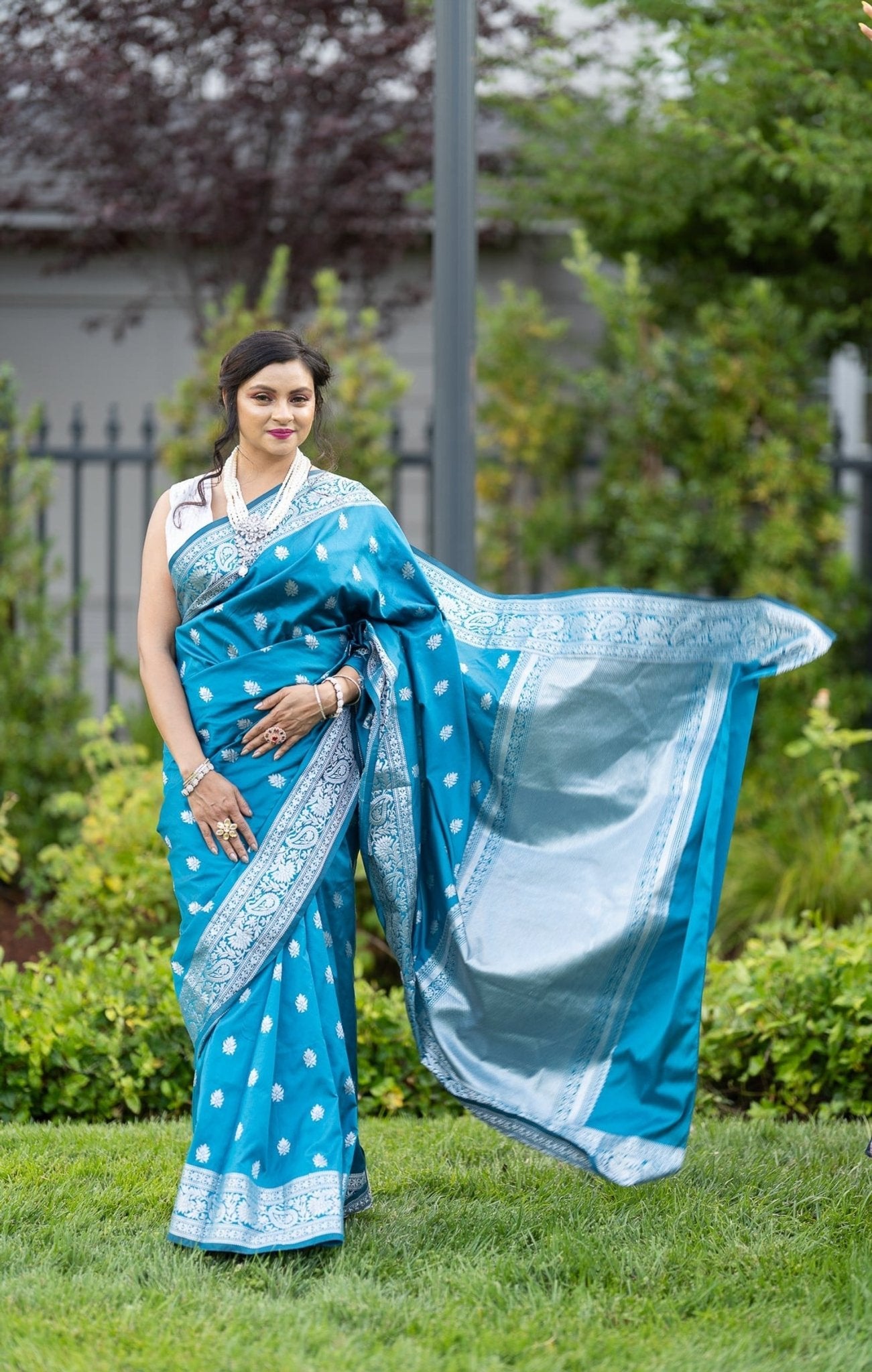 Blue Silk Banarasi Saree with Silver Floral Motifs and Matching Unstitched Blouse - Anvi Couture
