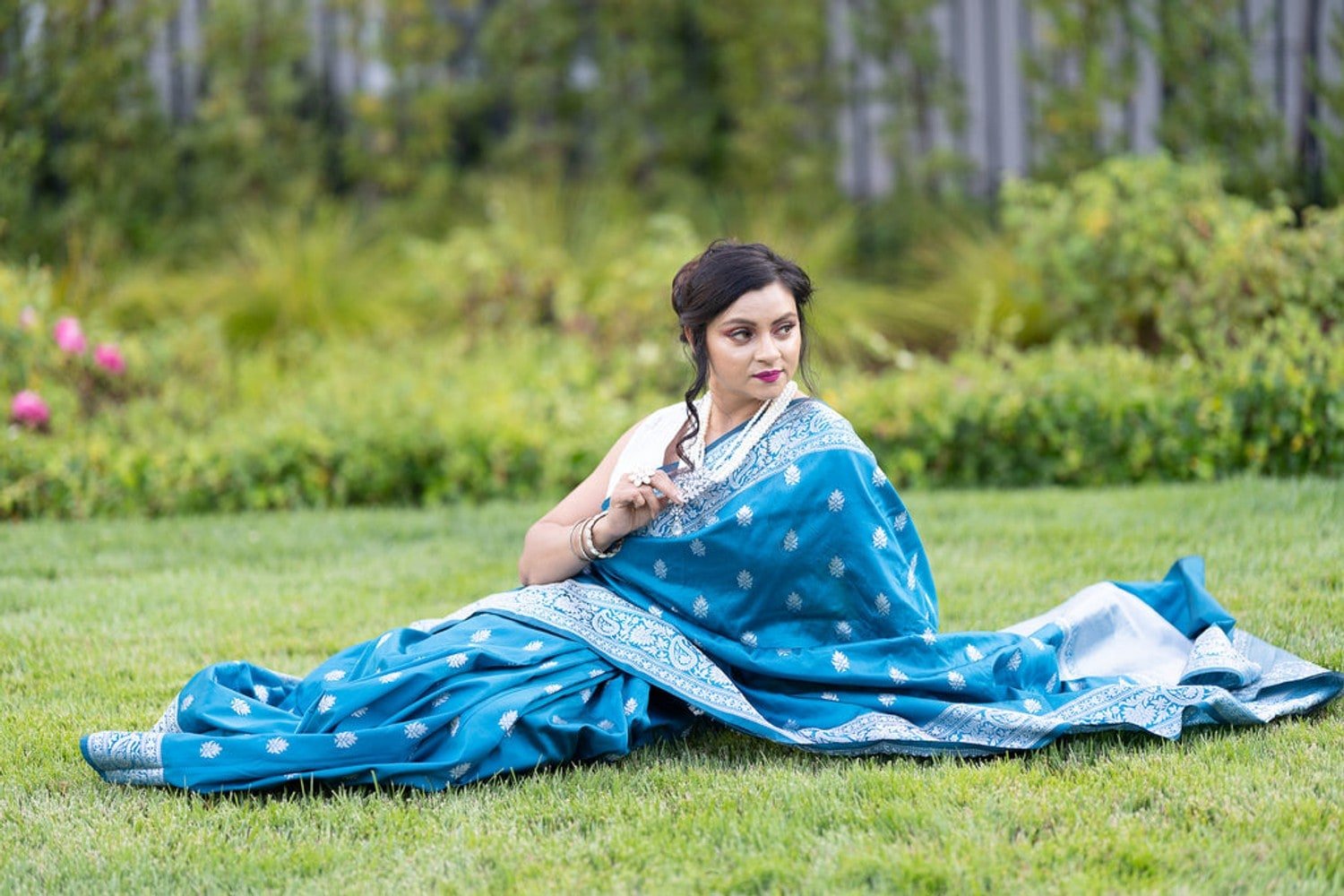 Blue Silk Banarasi Saree with Silver Floral Motifs and Matching Unstitched Blouse - Anvi Couture