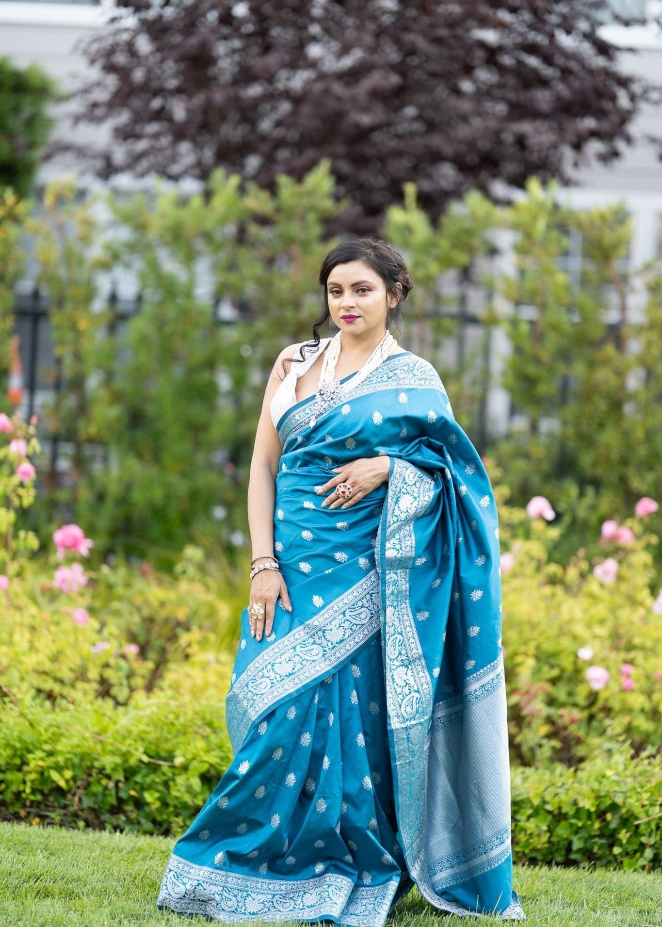 Blue Silk Banarasi Saree with Silver Floral Motifs and Matching Unstitched Blouse - Anvi Couture