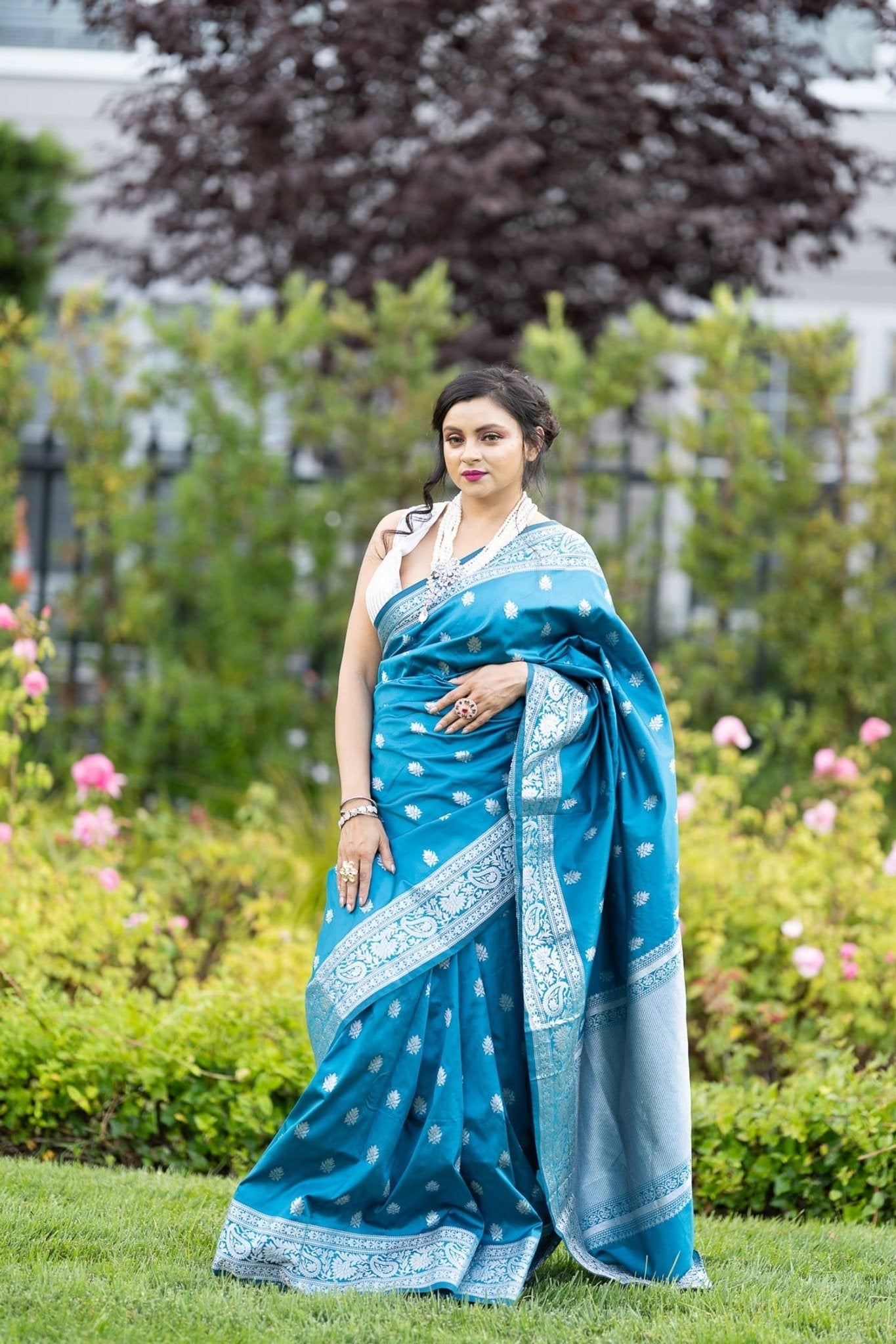 Blue Silk Banarasi Saree with Silver Floral Motifs and Matching Unstitched Blouse - Anvi Couture