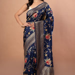 Blue Banarasi Silk Saree With Floral Zari Weaving - Anvi Couture
