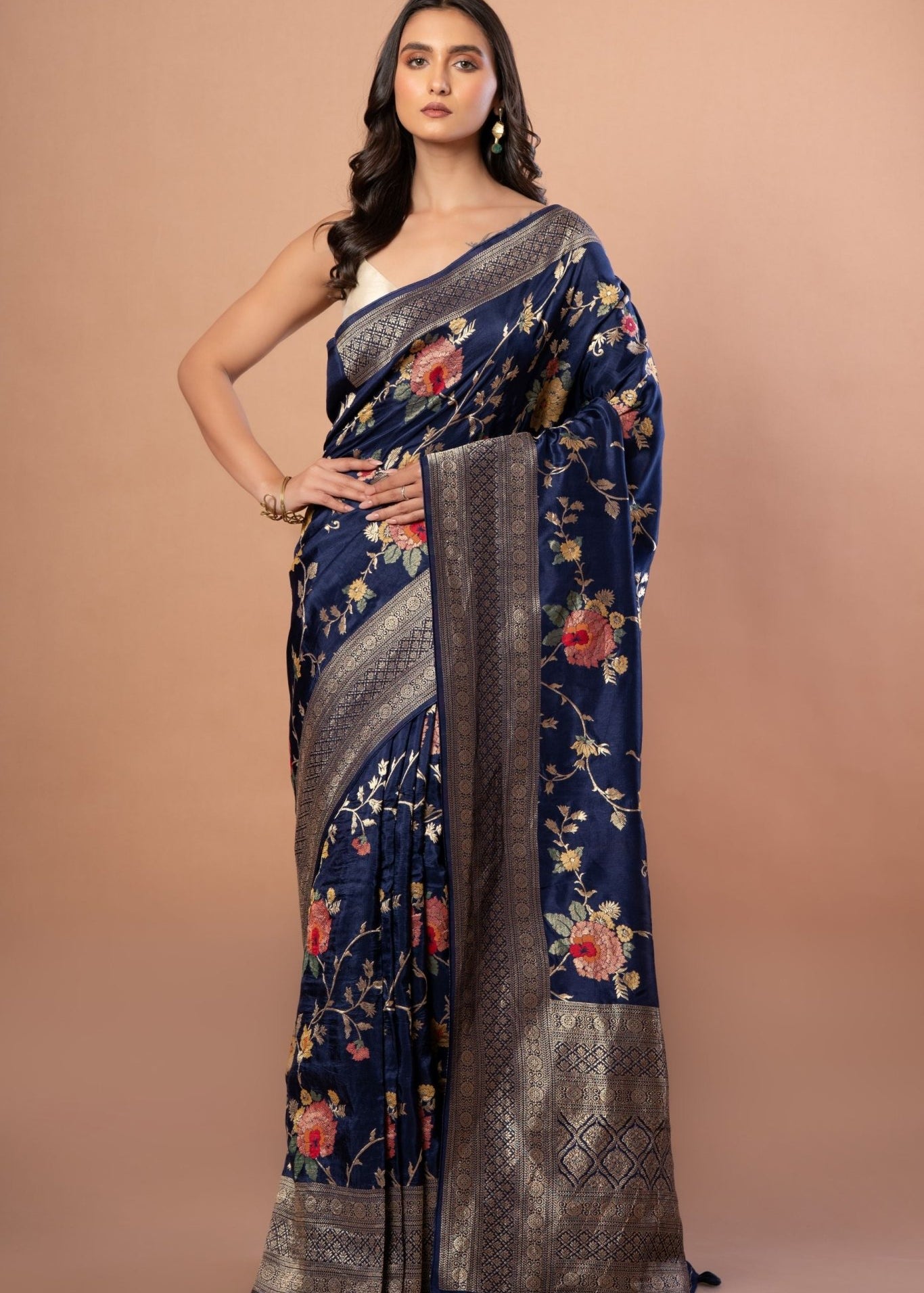 Blue Banarasi Silk Saree With Floral Zari Weaving - Anvi Couture