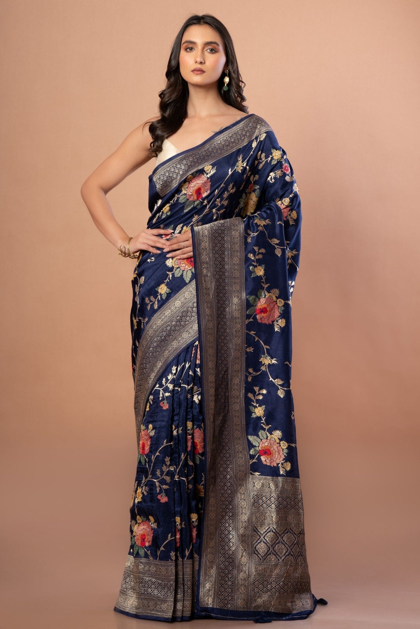 Blue Banarasi Silk Saree With Floral Zari Weaving - Anvi Couture