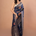 Blue Banarasi Silk Saree With Floral Zari Weaving - Anvi Couture