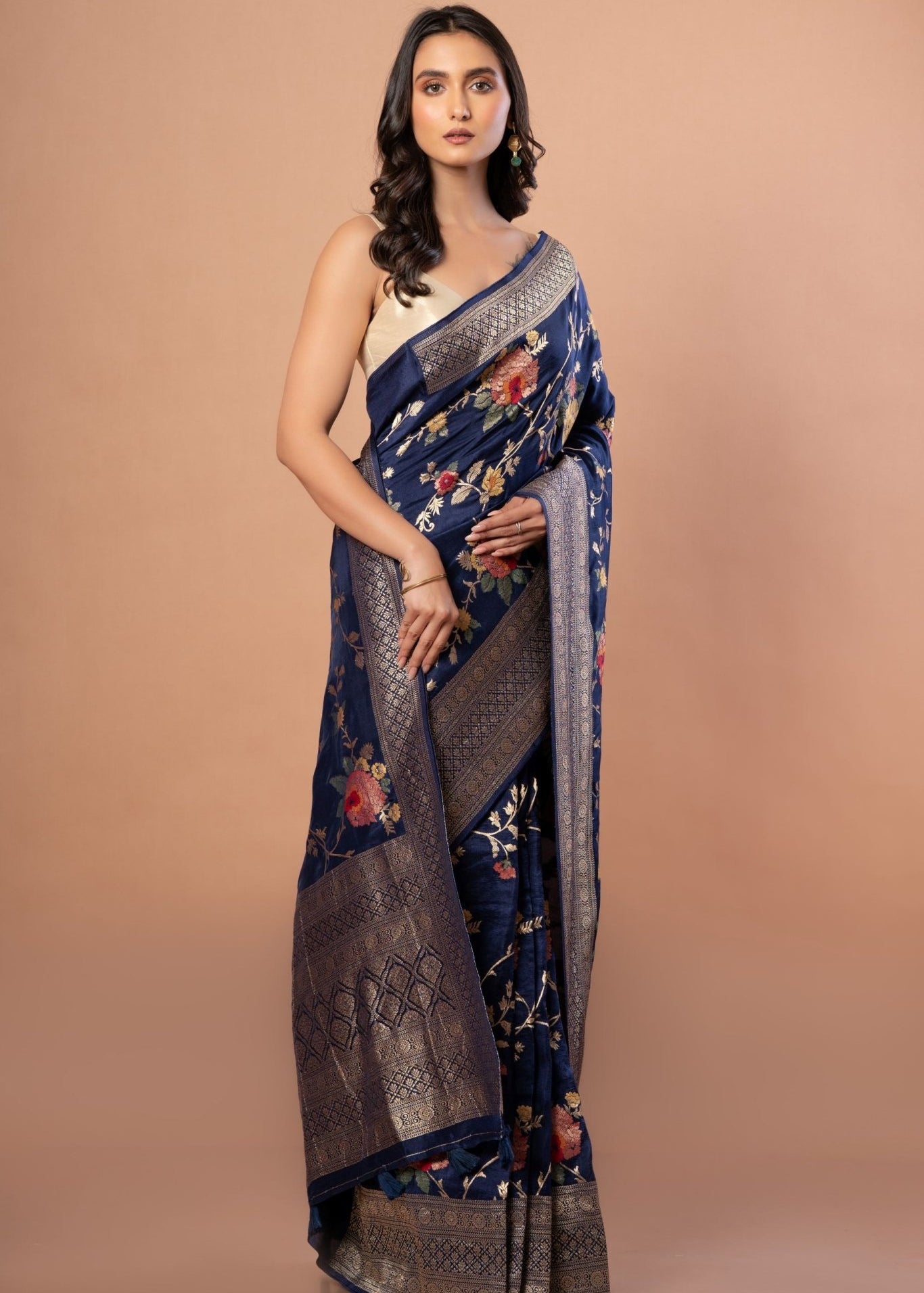 Blue Banarasi Silk Saree With Floral Zari Weaving - Anvi Couture