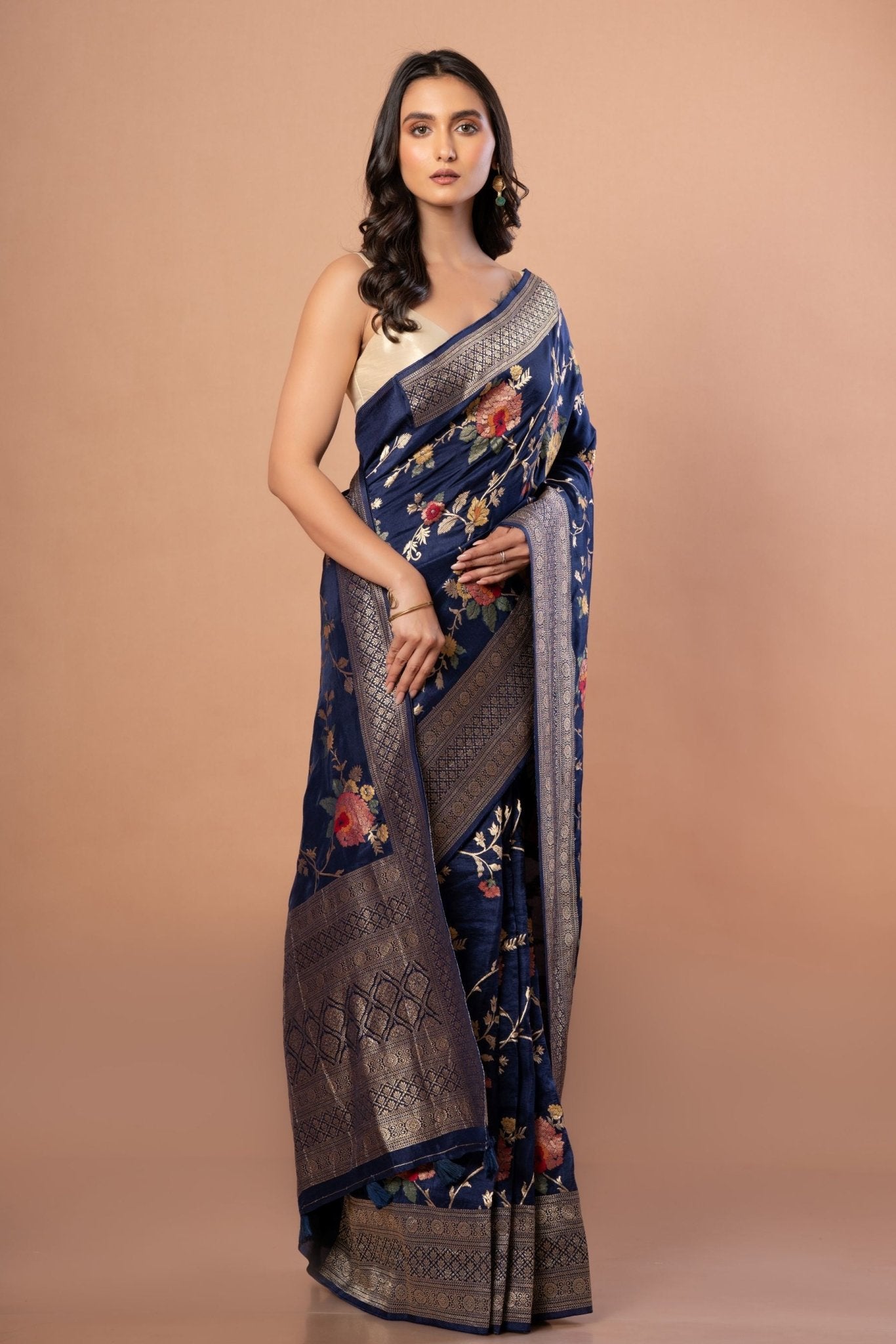 Blue Banarasi Silk Saree With Floral Zari Weaving - Anvi Couture