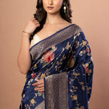 Blue Banarasi Silk Saree With Floral Zari Weaving - Anvi Couture