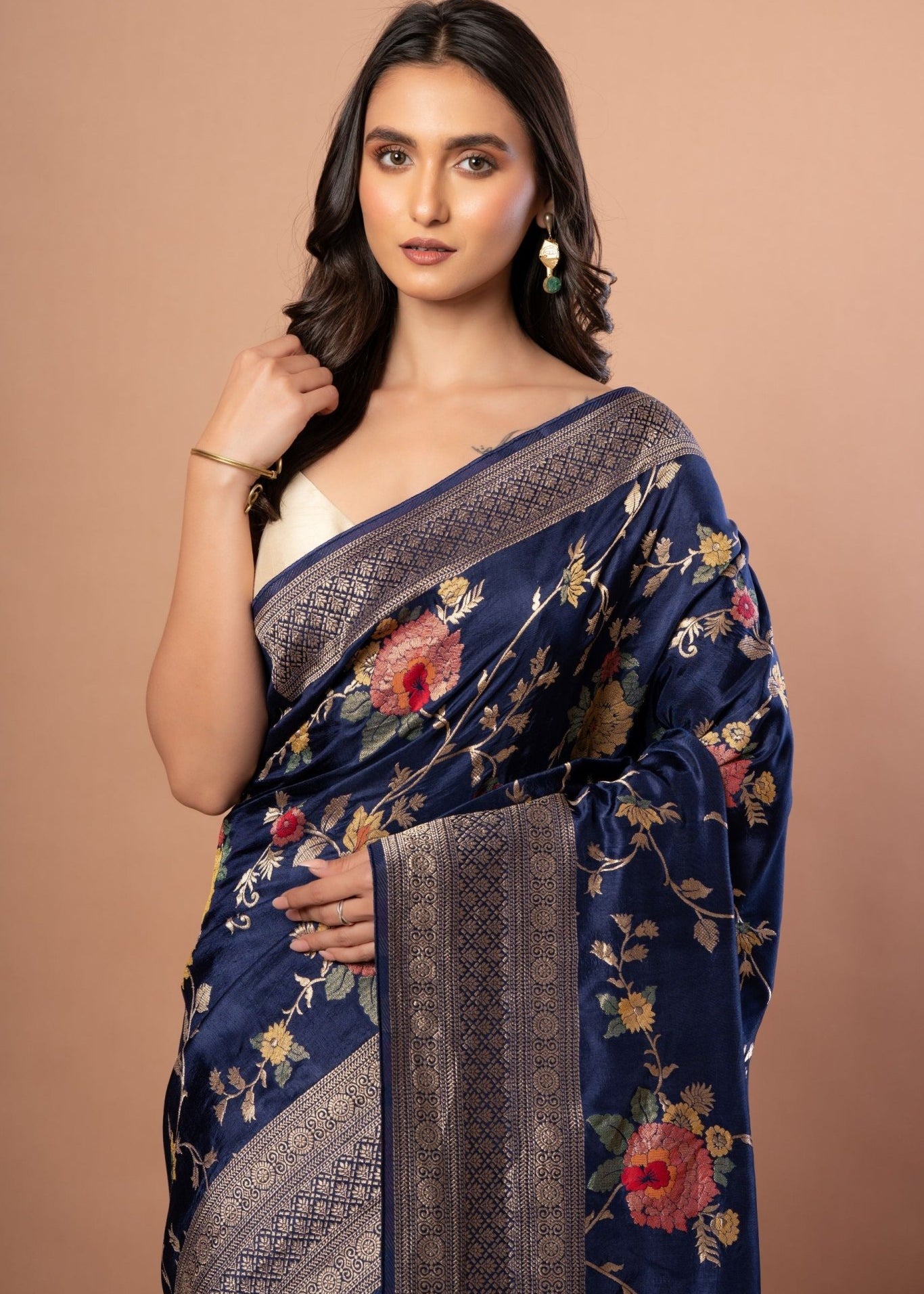 Blue Banarasi Silk Saree With Floral Zari Weaving - Anvi Couture