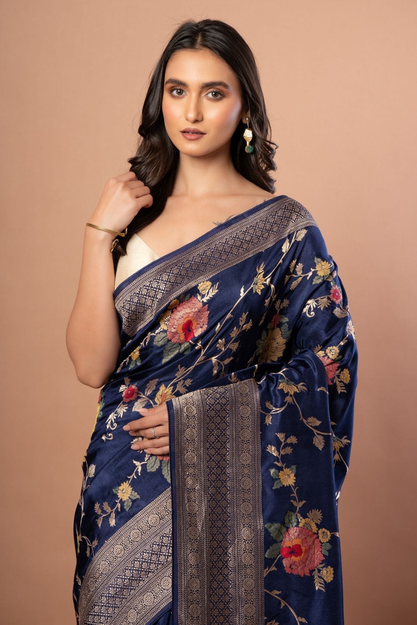 Blue Banarasi Silk Saree With Floral Zari Weaving - Anvi Couture