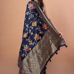 Blue Banarasi Silk Saree With Floral Zari Weaving - Anvi Couture