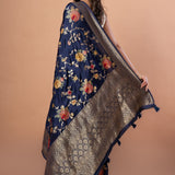 Blue Banarasi Silk Saree With Floral Zari Weaving - Anvi Couture