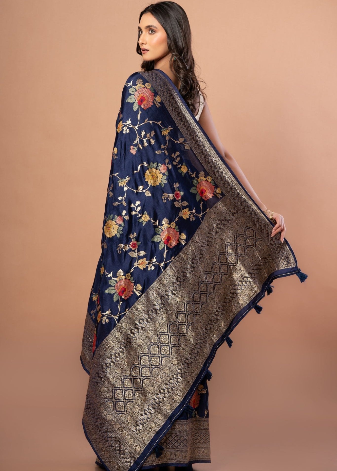 Blue Banarasi Silk Saree With Floral Zari Weaving - Anvi Couture