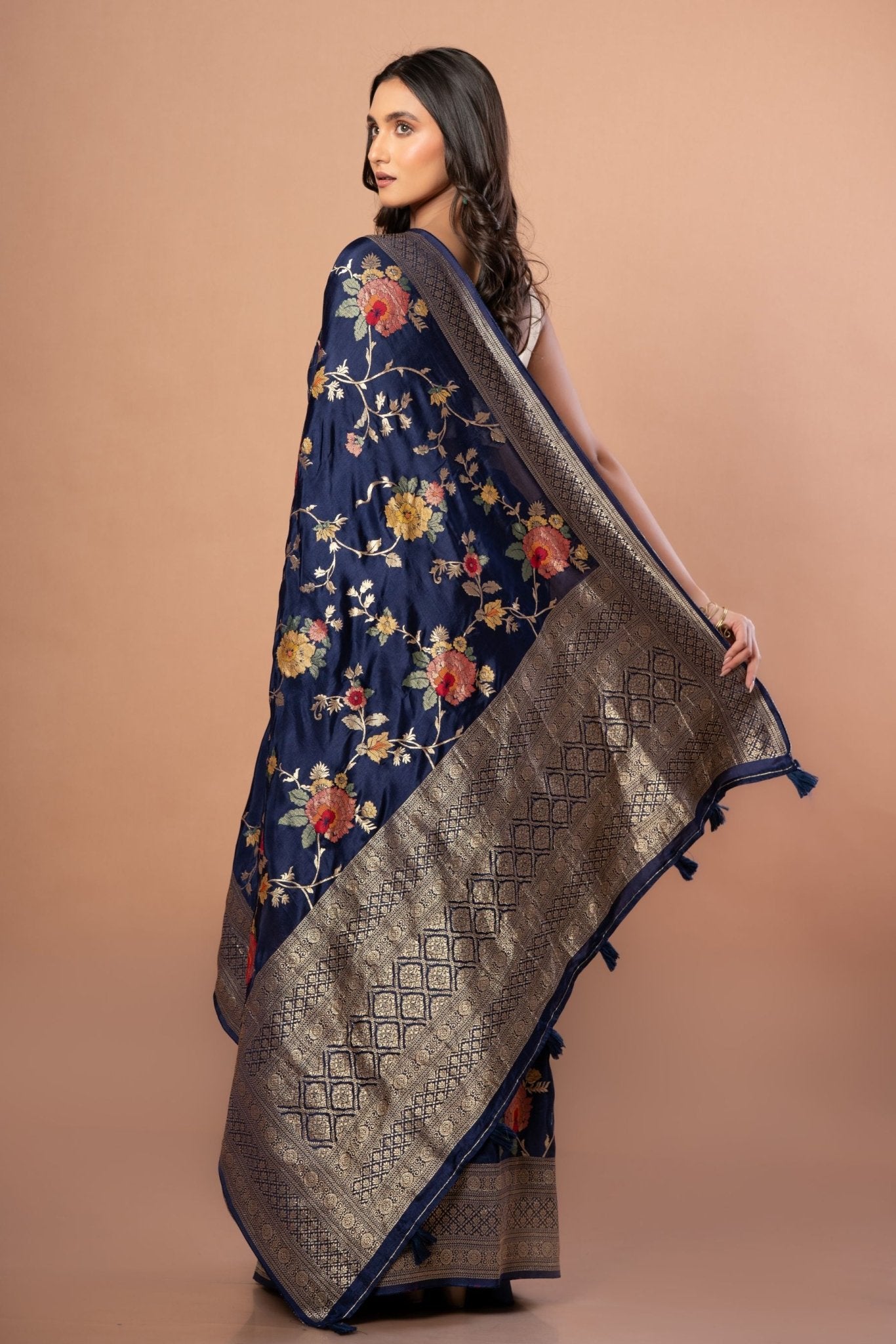 Blue Banarasi Silk Saree With Floral Zari Weaving - Anvi Couture