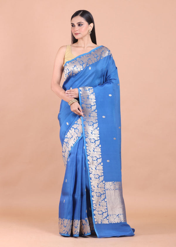 Blue Banarasi Silk Saree with Golden Floral Border - Anvi Couture