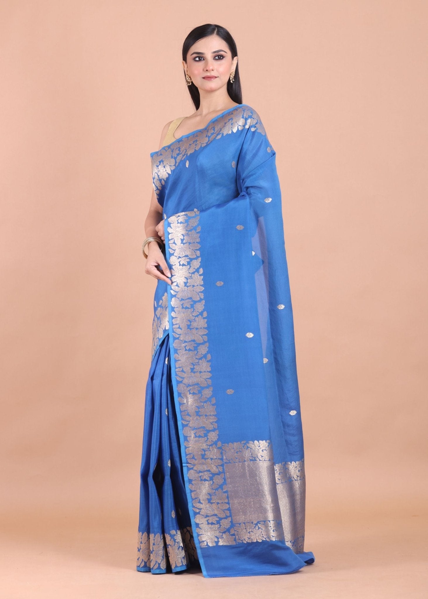Blue Banarasi Silk Saree with Golden Floral Border - Anvi Couture