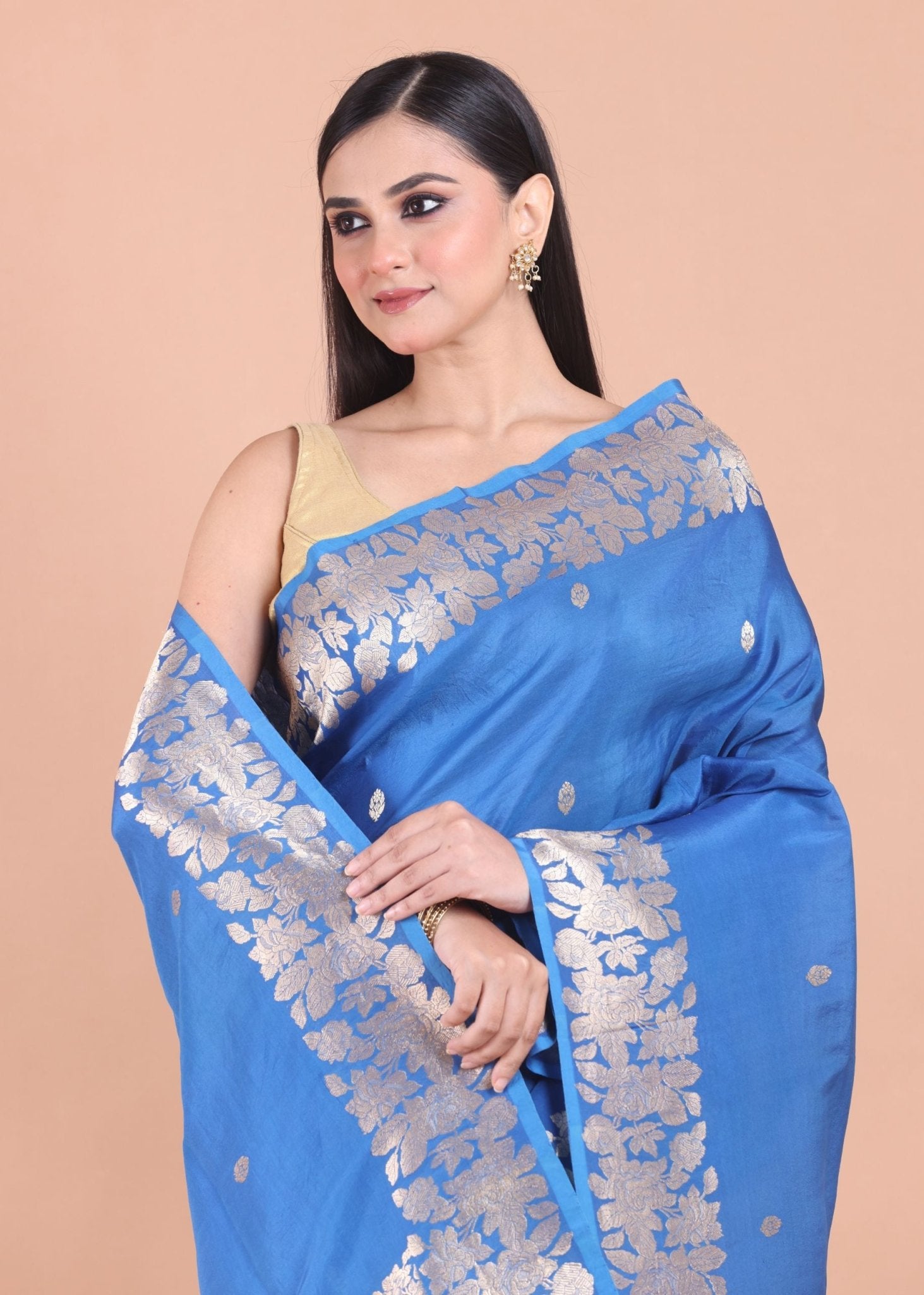Blue Banarasi Silk Saree with Golden Floral Border - Anvi Couture