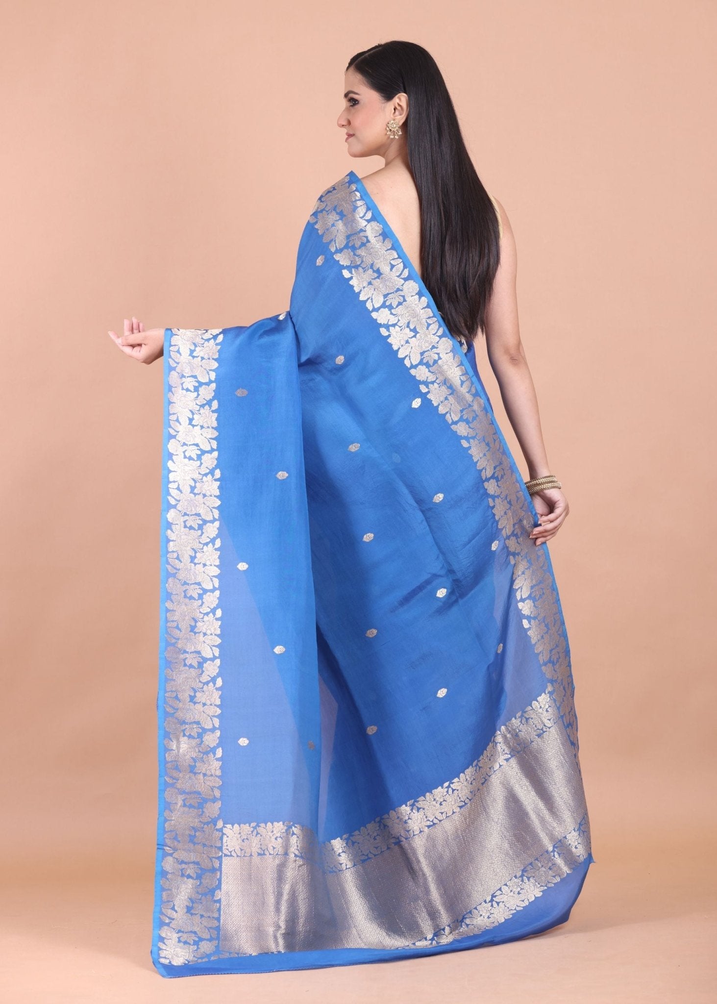 Blue Banarasi Silk Saree with Golden Floral Border - Anvi Couture