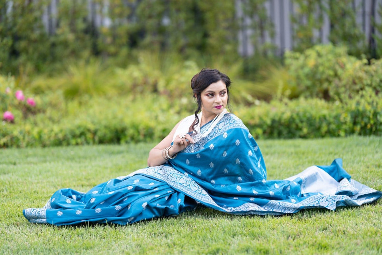 Blue Banarasi Silk Saree with Silver Resham Work for Women - Saree Work