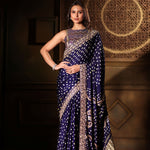 Blue Bandhani Satin Silk Saree with Hand Embroidered Work Full