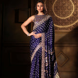 Blue Bandhani Satin Silk Saree with Hand Embroidered Work Full