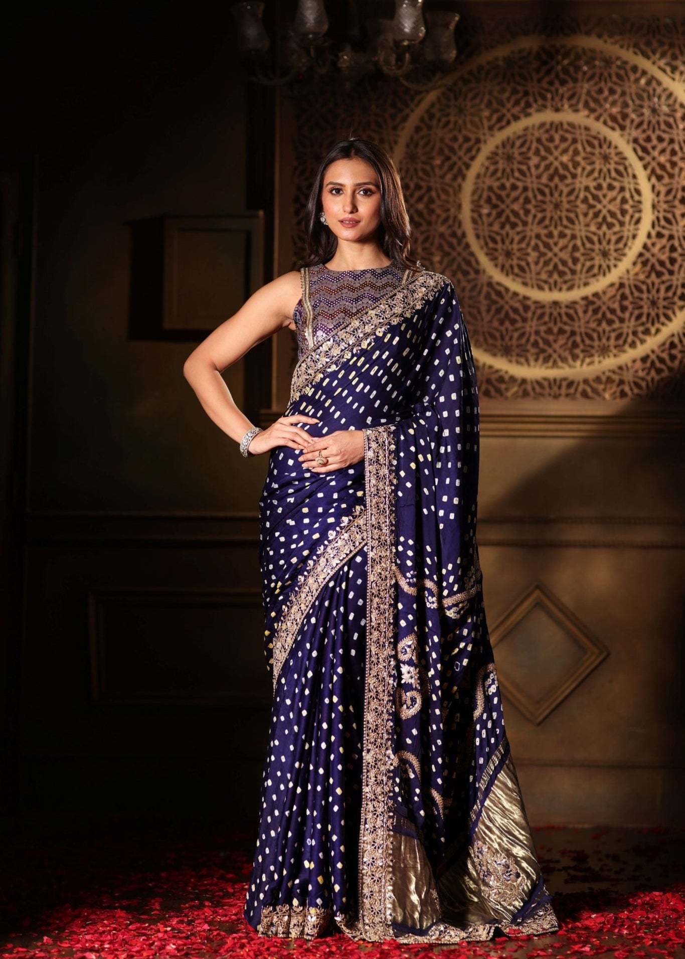Blue Bandhani Satin Silk Saree with Hand Embroidered Work - Anvi Couture