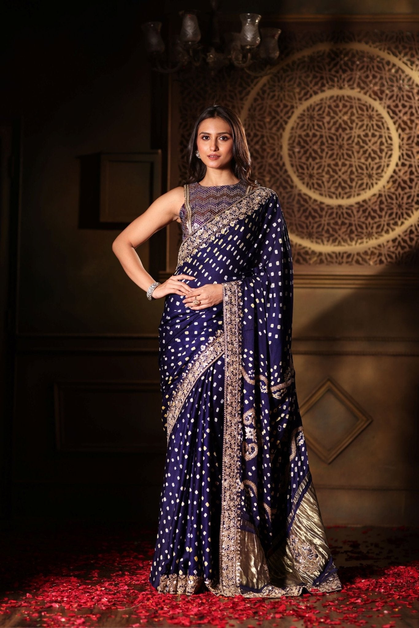 Blue Bandhani Satin Silk Saree with Hand Embroidered Work - Anvi Couture
