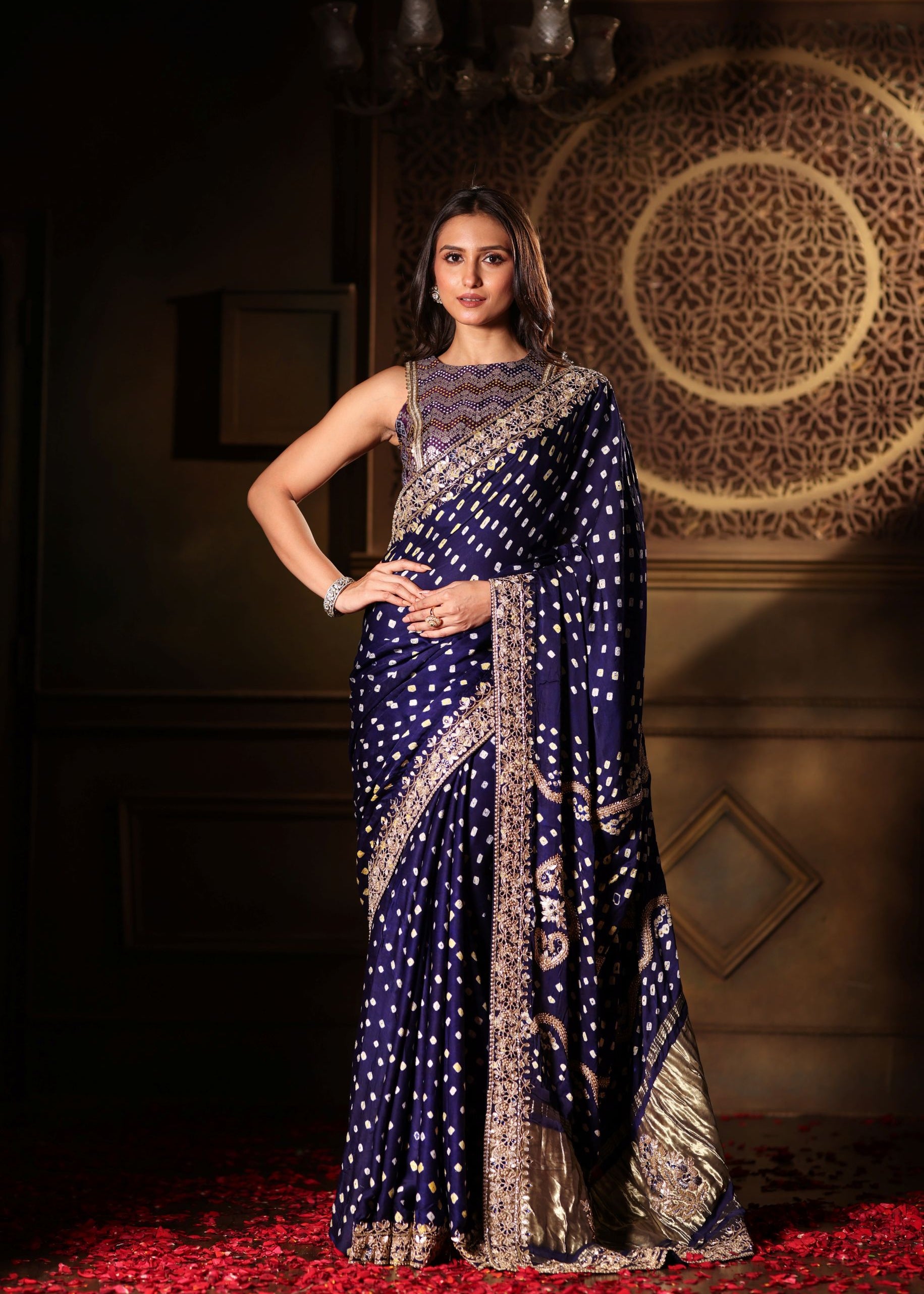 Blue Bandhani Satin Silk Saree with Hand Embroidered Work Full