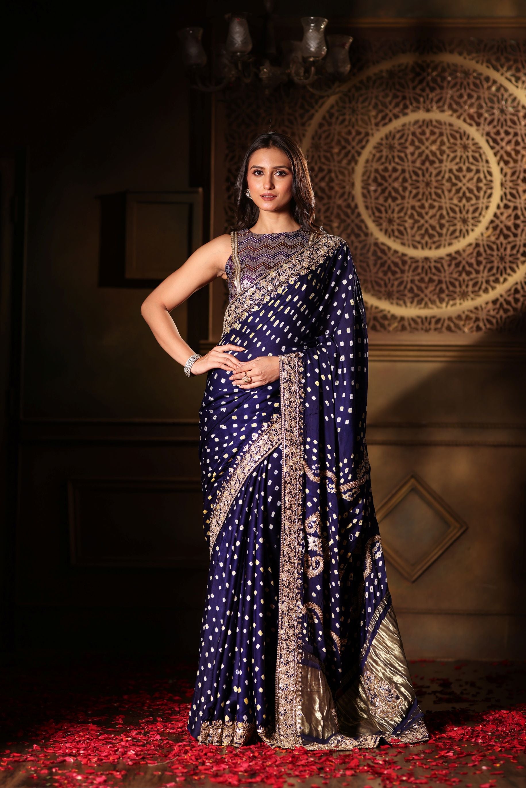 Blue Bandhani Satin Silk Saree with Hand Embroidered Work Full