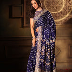 Blue Bandhani Satin Silk Saree with Hand Embroidered Work Close Up
