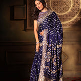 Blue Bandhani Satin Silk Saree with Hand Embroidered Work Close Up
