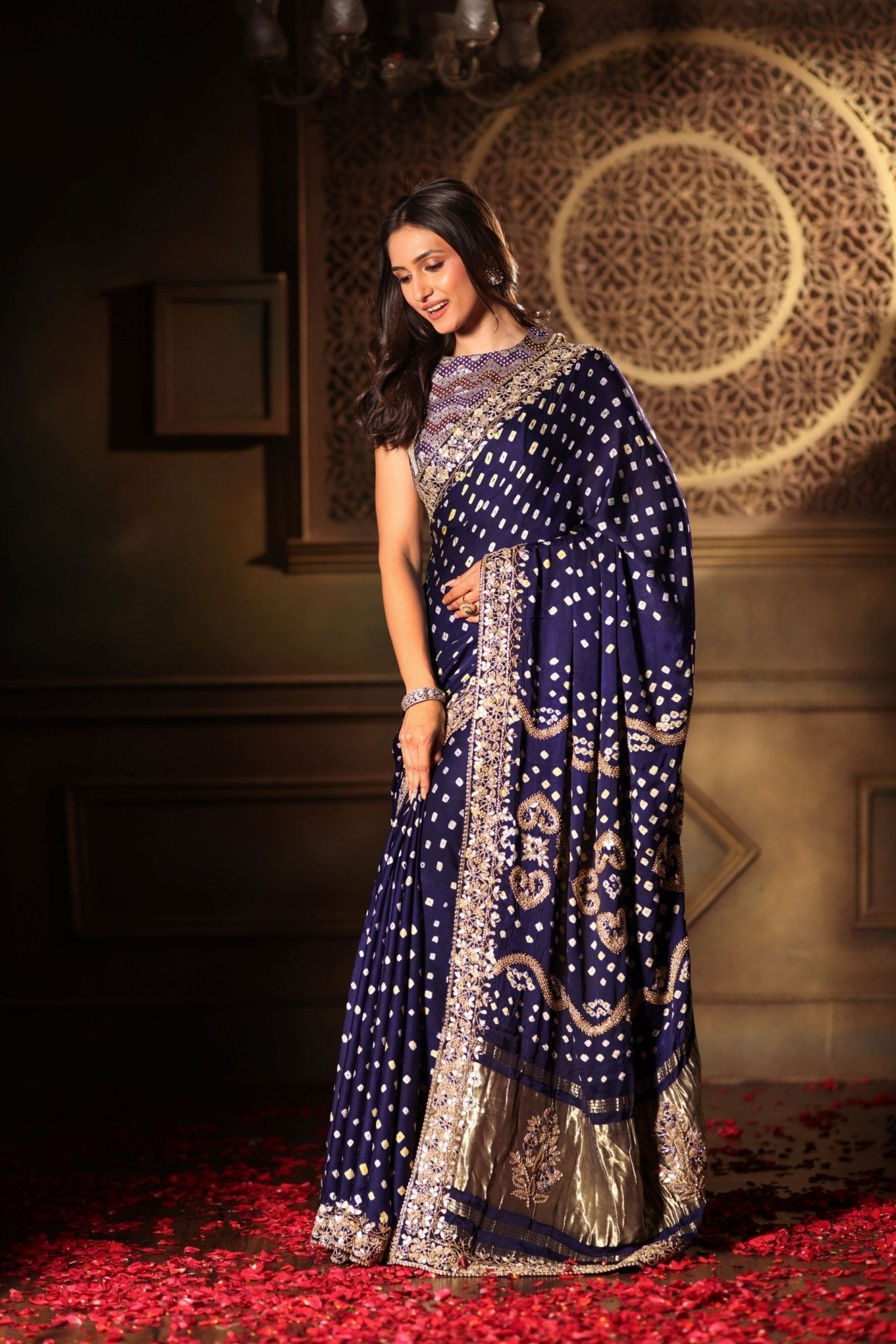 Blue Bandhani Satin Silk Saree with Hand Embroidered Work - Anvi Couture