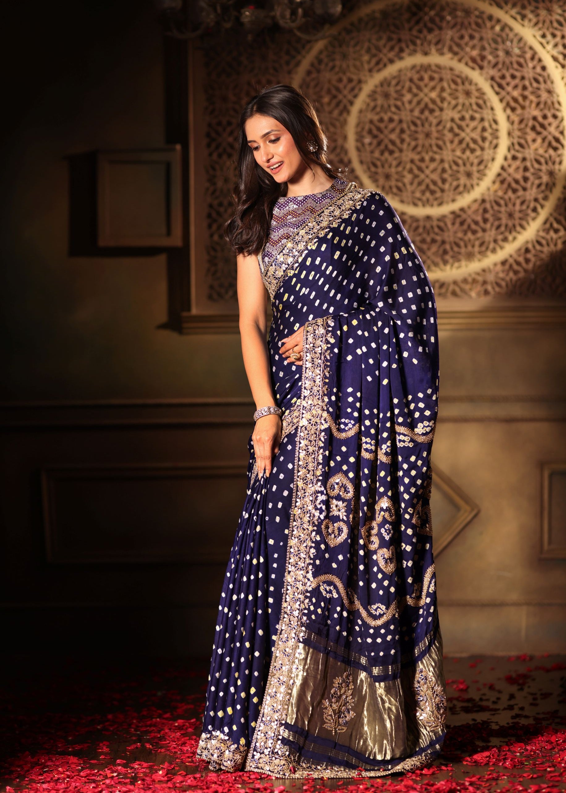 Blue Bandhani Satin Silk Saree with Hand Embroidered Work Close Up