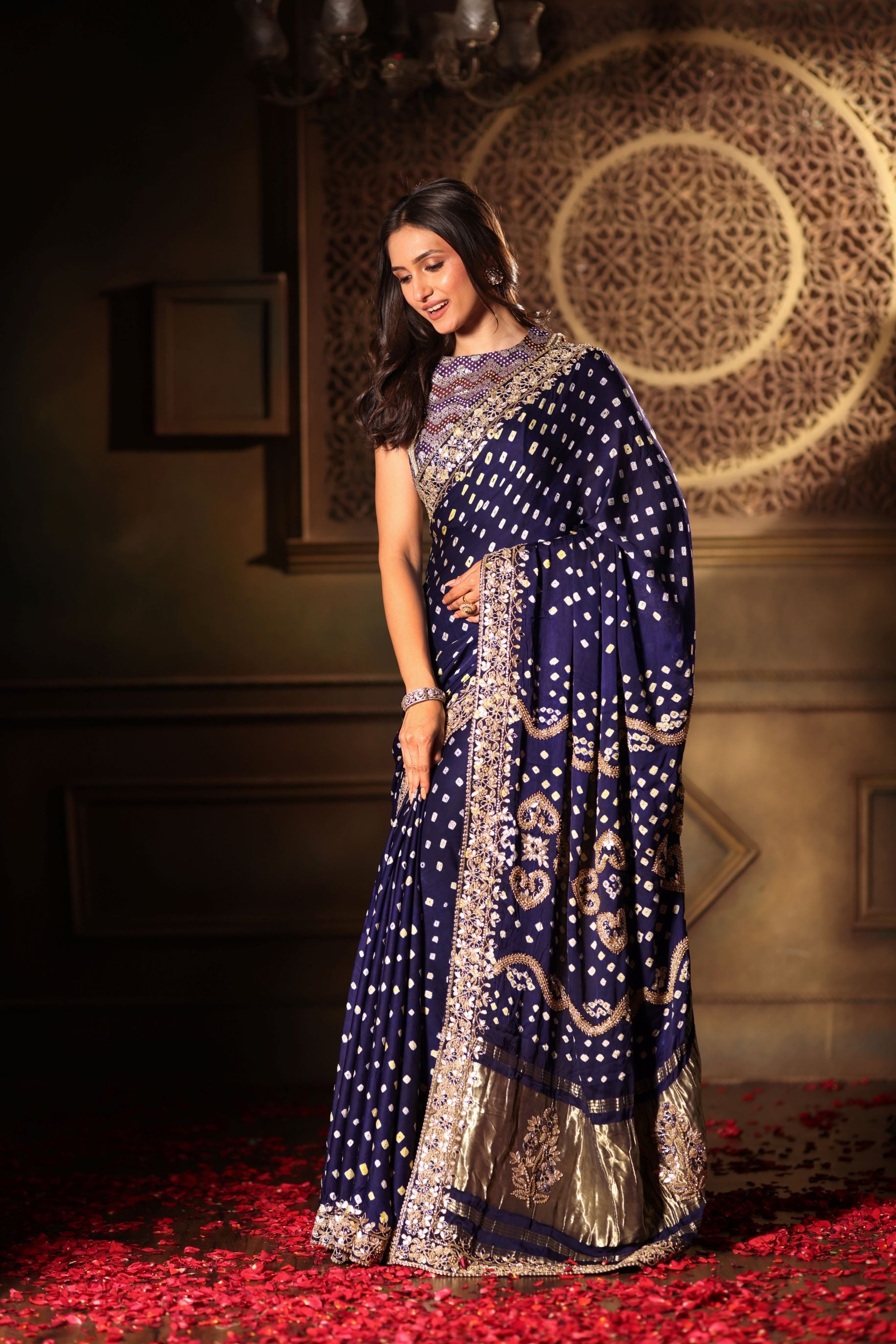 Blue Bandhani Satin Silk Saree with Hand Embroidered Work Close Up