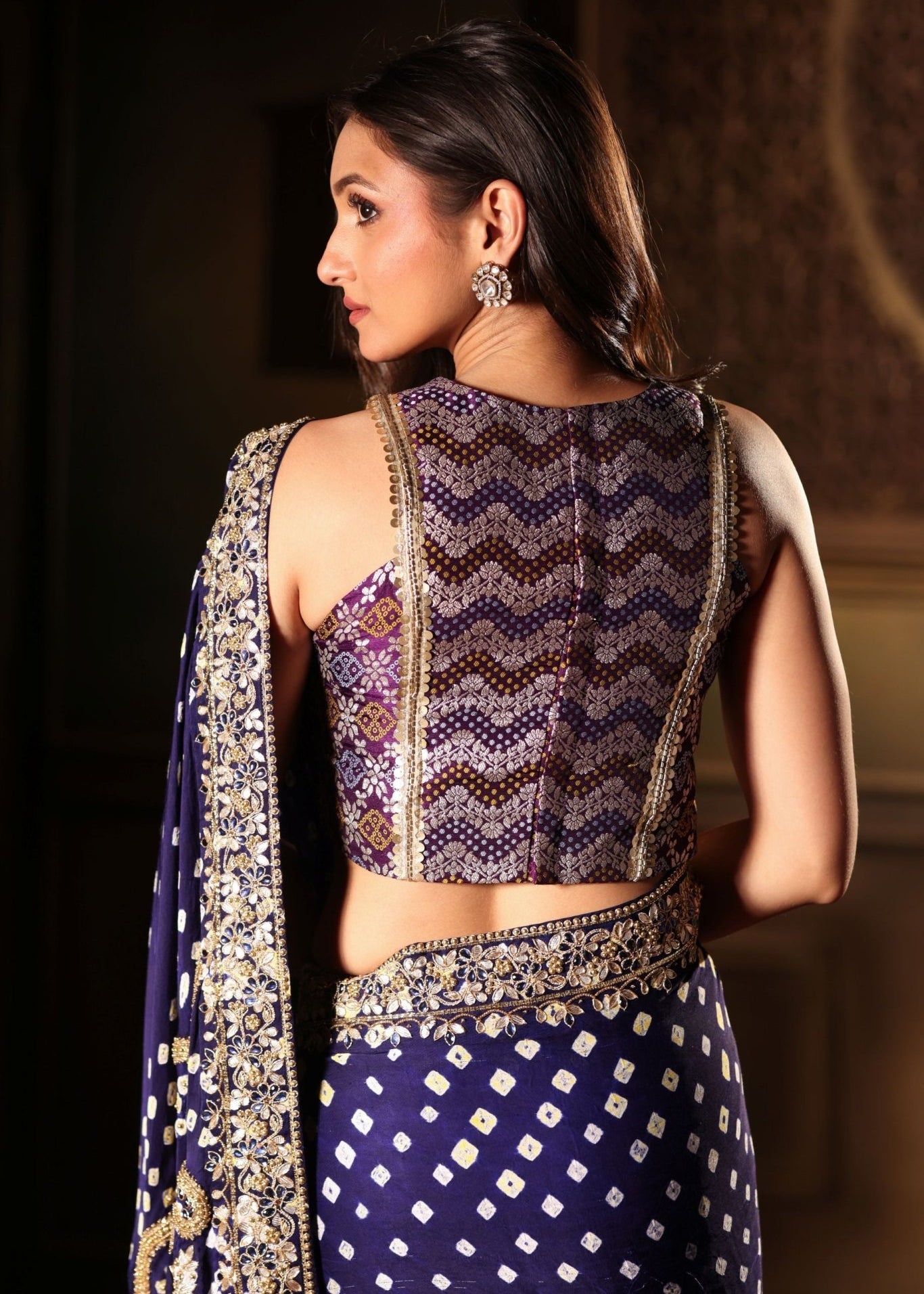 Blue Bandhani Satin Silk Saree with Hand Embroidered Work - Anvi Couture