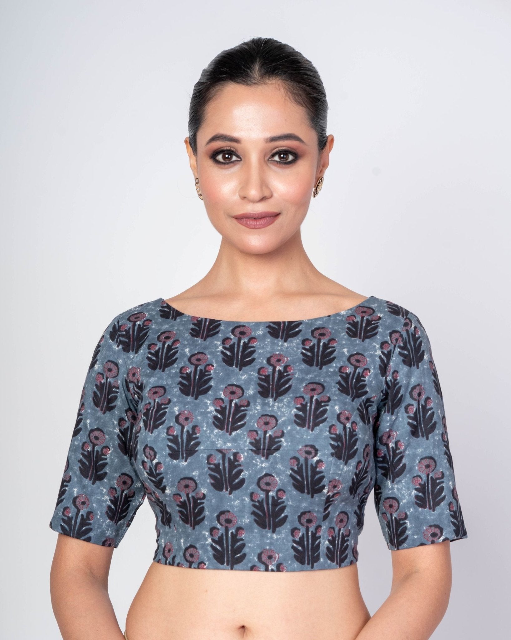 Blue Blouse in Indigo Kalamkari Print with Boat Neck & Half Sleeves - Anvi Couture