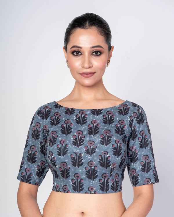 Blue Blouse in Indigo Kalamkari Print with Boat Neck & Half Sleeves - Anvi Couture