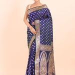 Blue Bridal Banarasi Saree With All over Gold Booties Front View