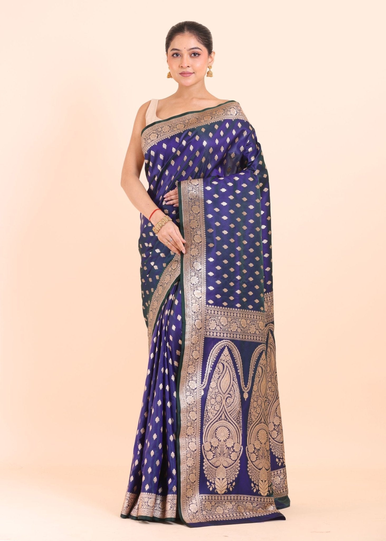 Blue Bridal Banarasi Saree With All over Gold Booties - Anvi Couture