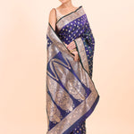 Blue Bridal Banarasi Saree With All over Gold Booties Side View