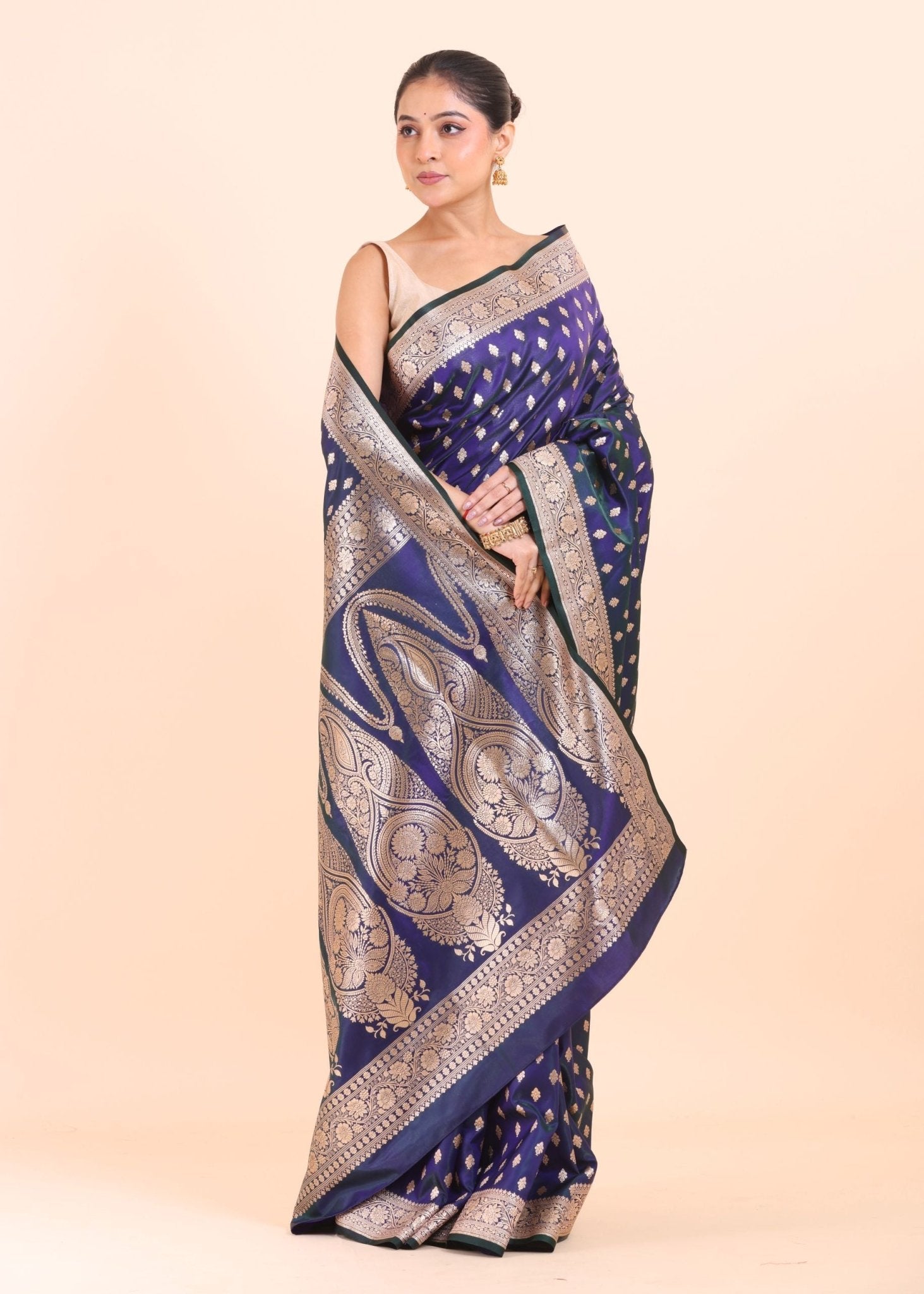 Blue Bridal Banarasi Saree With All over Gold Booties - Anvi Couture