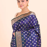 Blue Bridal Banarasi Saree With All over Gold Booties Close Up View