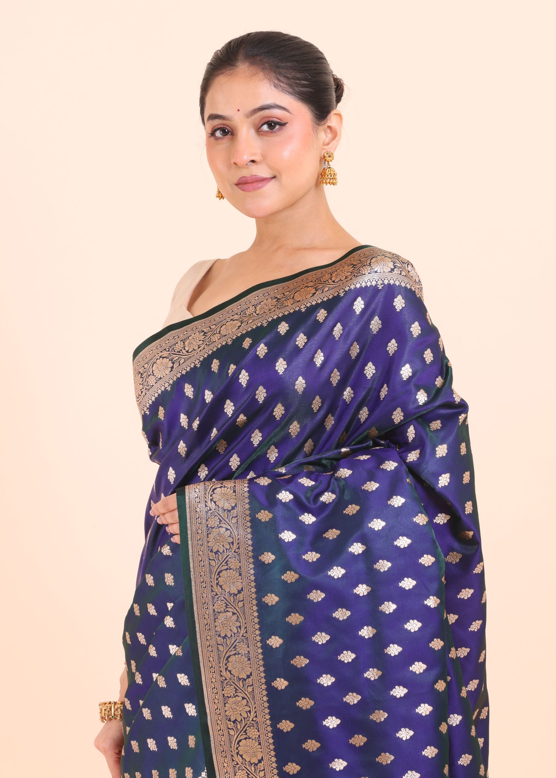 Blue Bridal Banarasi Saree With All over Gold Booties Close Up View