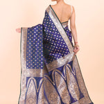 Blue Bridal Banarasi Saree With All over Gold Booties Back View