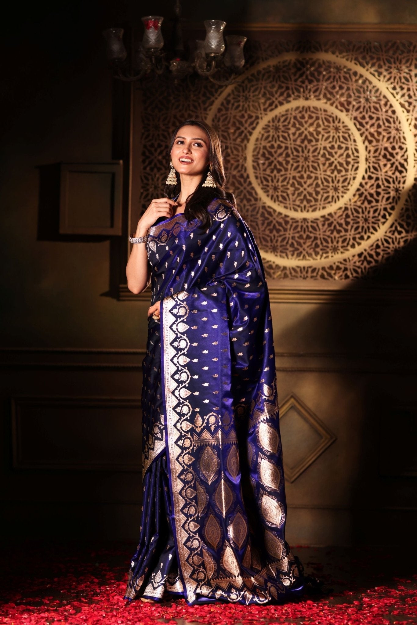 Blue Bridal Banarasi Silk Saree with all over work - Anvi Couture